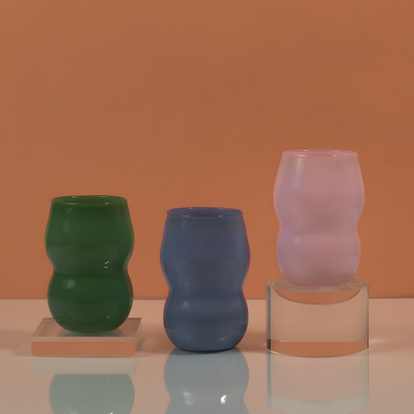 A handcrafted cup from the Dreamlike Collection, featuring whimsical curves and a vibrant interplay of color and light.