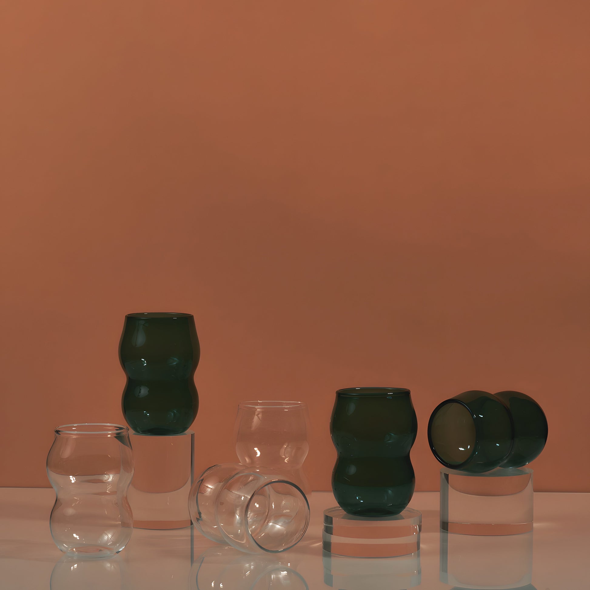 A handcrafted cup from the Dreamlike Collection, featuring whimsical curves and a vibrant interplay of color and light.