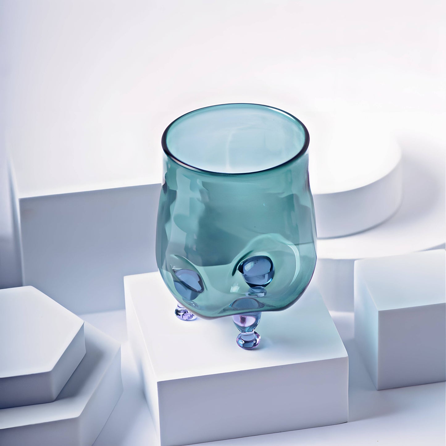 Eye Candy Cocktail Glass with a unique, modern design featuring a translucent blue-green hue and quirky rounded base, perfect for stylish drinkware.