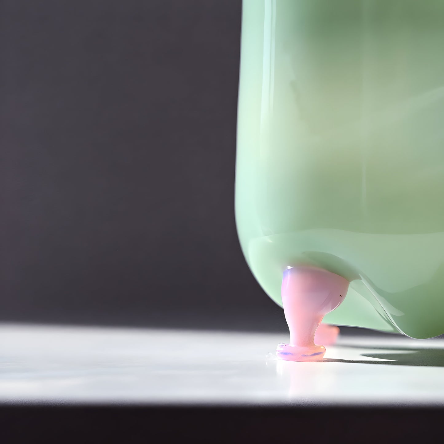 Close-up of the base of the Eye Candy Cocktail Glass featuring a unique pink stem design against a gradient green glass body.