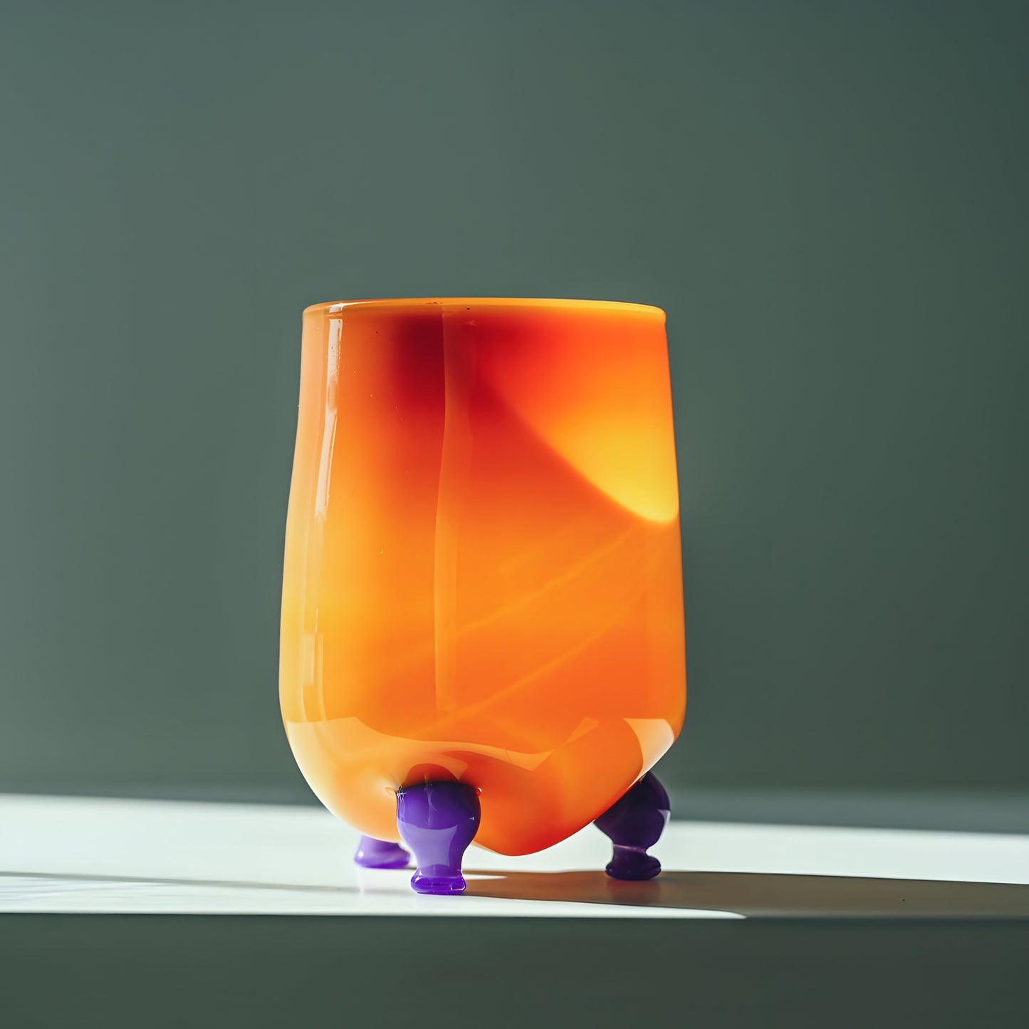 Eye Candy Cocktail Glass with a vibrant orange body and quirky purple legs, perfect for adding charm to any drinkware collection.